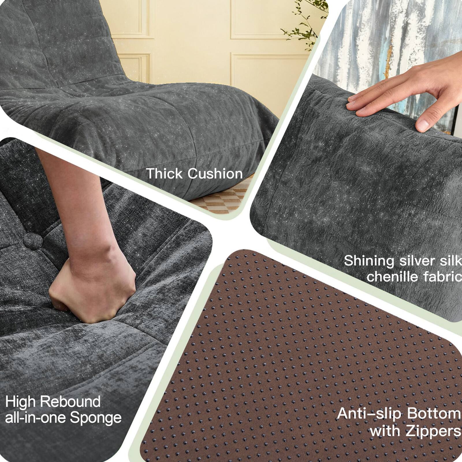 Thick Cushion  
Shining silver silk chenille fabric  
High Rebound all-in-one Sponge  
Anti-slip Bottom with Zippers