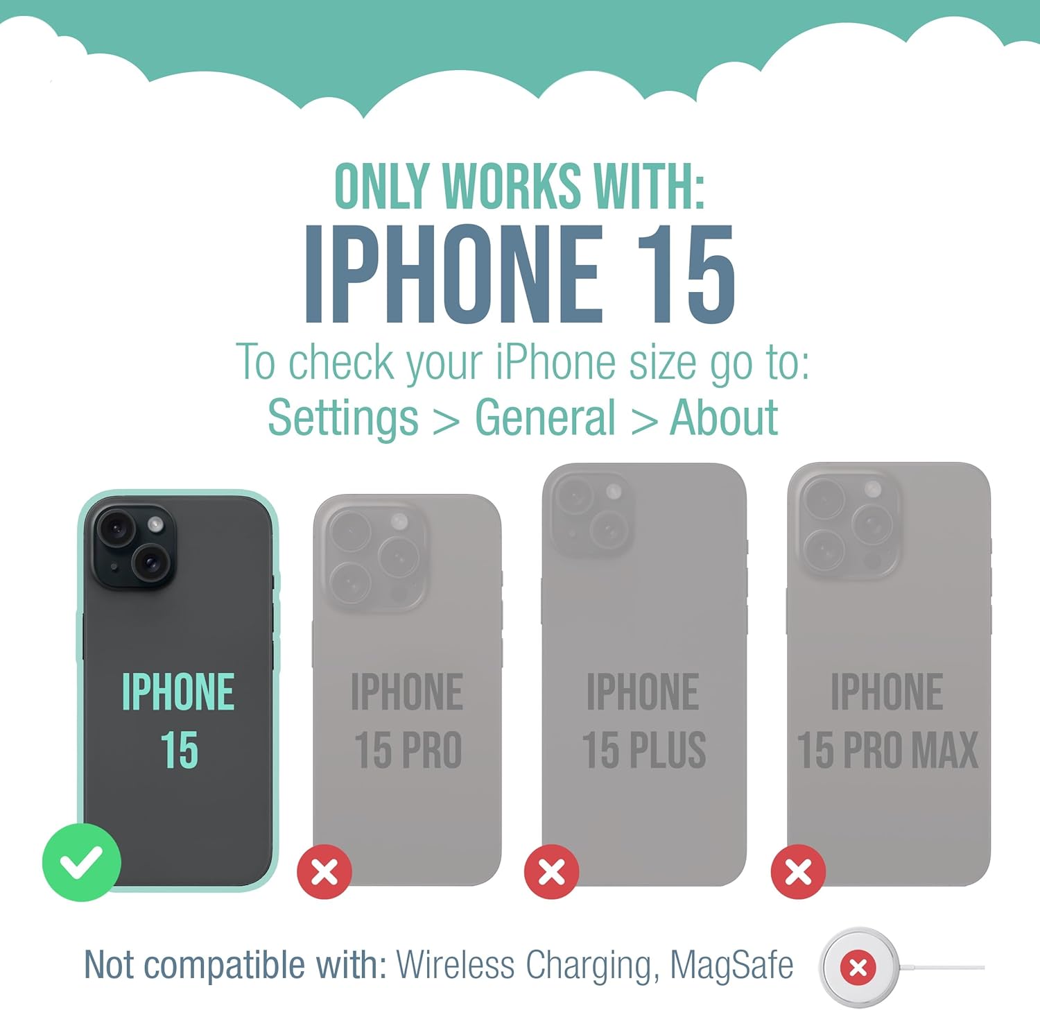 ONLY WORKS WITH: IPHONE 15

To check your iPhone size go to: Settings > General > About

IPHONE 15

Not compatible with: Wireless Charging, MagSafe