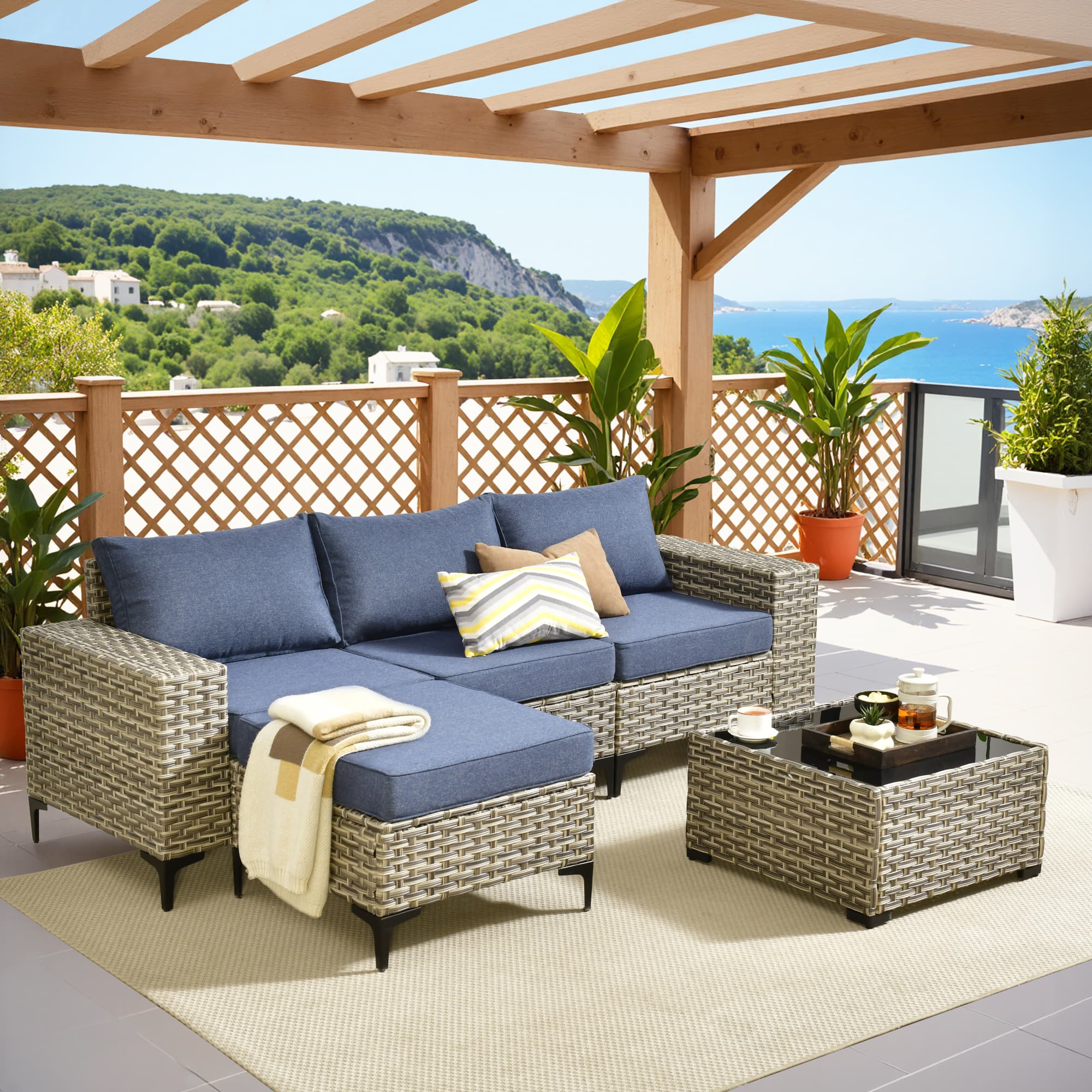 Front. Ovios - 5 PCS Patio Furniture Set Outdoor Sectional Sofa Deep Seat Couch with Solar Coffee Table - Denim Blue.