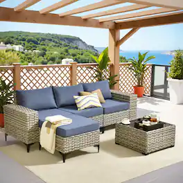 Ovios - 5 PCS Patio Furniture Set Outdoor Sectional Sofa Deep Seat Couch with Solar Coffee Table - Denim Blue