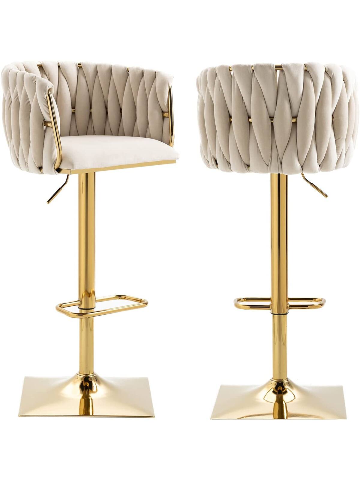 Trinkets Crazed - Swivel Velvet Bar Stool Set Of 2, Adjustable Comfy Counter Height Barstool, Modern Dining Chair With Woven Back - Beige