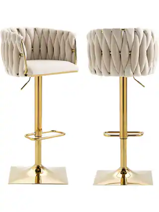 Front. Trinkets Crazed - Swivel Velvet Bar Stool Set Of 2, Adjustable Comfy Counter Height Barstool, Modern Dining Chair With Woven Back - Beige.