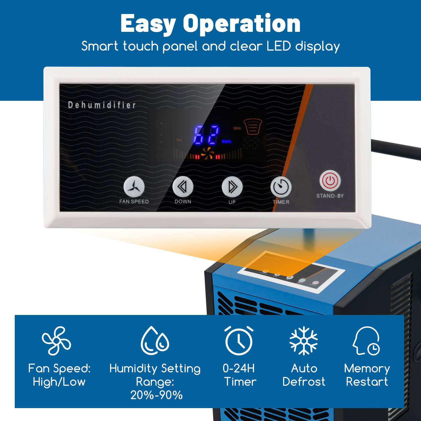 Easy Operation  
Smart touch panel and clear LED display  

Dehumidifier  
FAN SPEED DOWN UP TIMER STAND-BY  

Fan Speed: High/Low  
Humidity Setting Range: 20%-90%  
0-24H Timer  
Auto Defrost  
Memory Restart