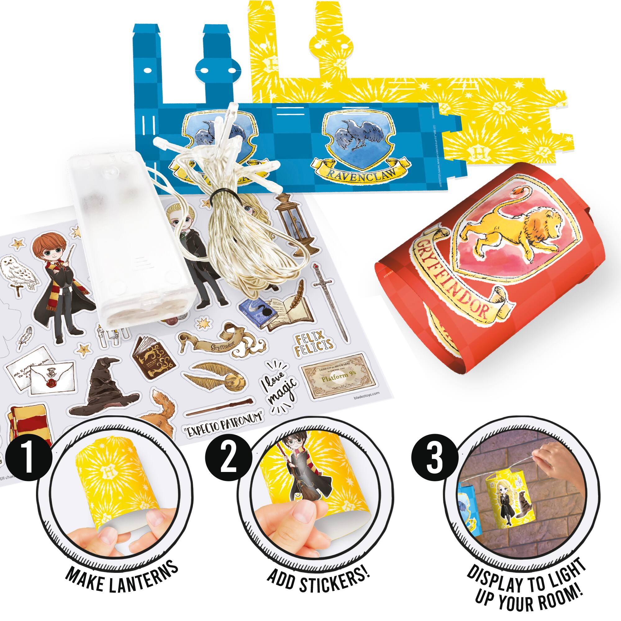u shal 1 i RAVENCLAW C GRYFFINDOR FELIX MytTudet FELICIS -A - 1  llove Platiorr M magic - -o EXPECTO PATRONUM 2 3 MAKE LANTERNS ADD STICKERS! DISPLAY TO LIGHT UP YOUR ROOM!