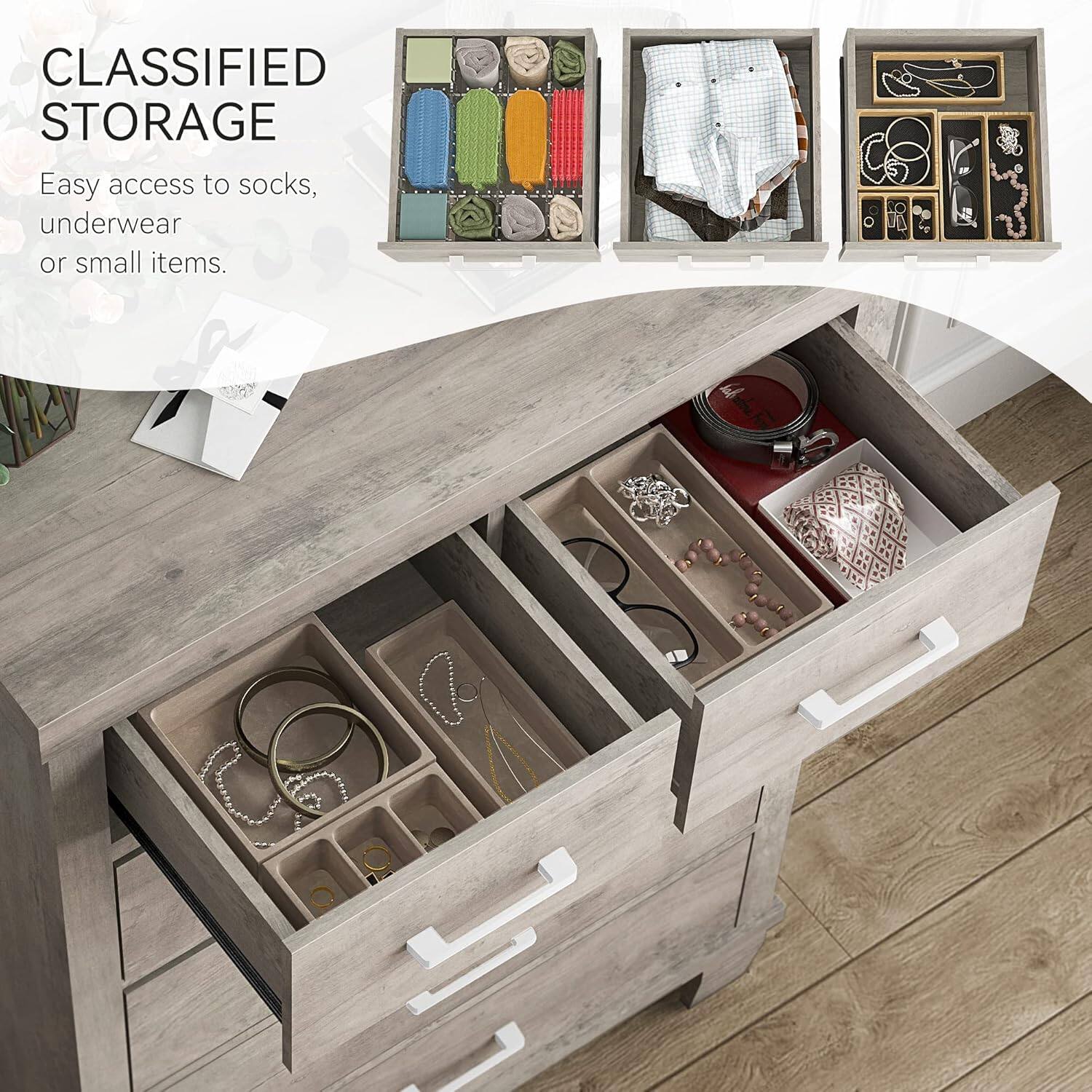 CLASSIFIED STORAGE  
Easy access to socks, underwear or small items.