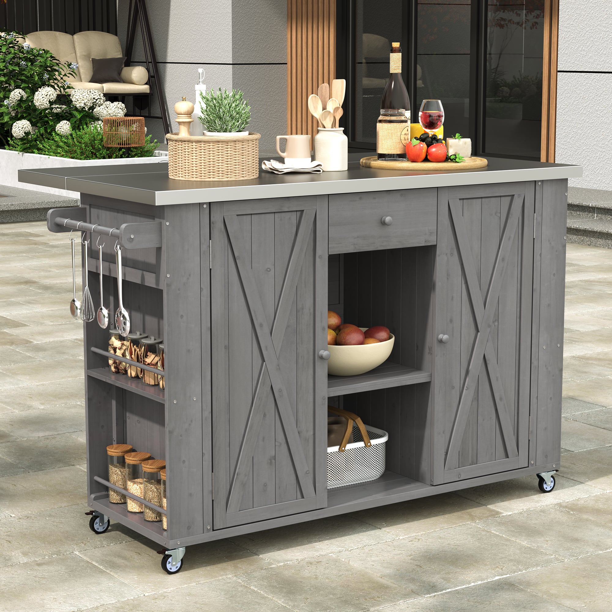 Mondawe - Fir Wood Outdoor Kitchen Island with Stainless Steel Top, Towel and Spice Racks and a Bottle Opener - Gray