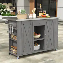 Mondawe - Fir Wood Outdoor Kitchen Island with Stainless Steel Top, Towel and Spice Racks and a Bottle Opener - Gray