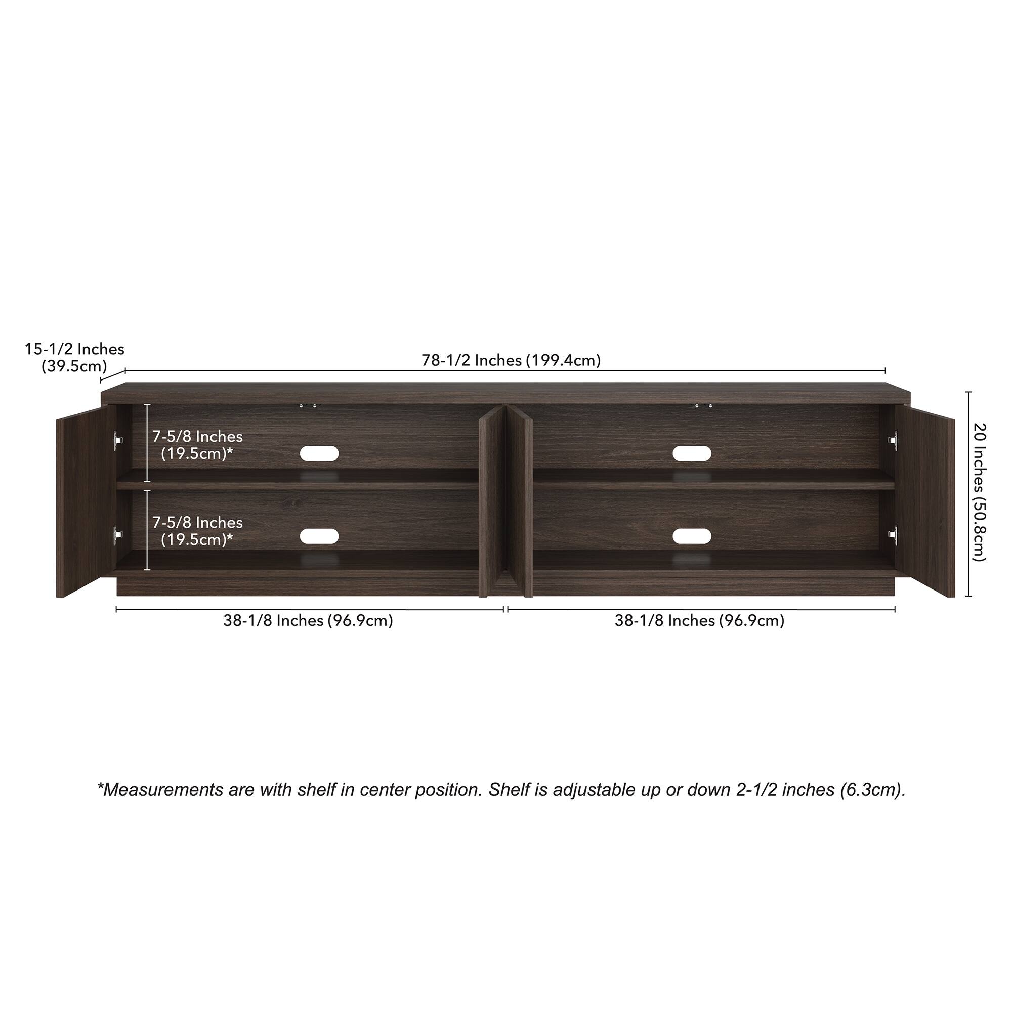 15-1/2 Inches (39.5cm)  
78-1/2 Inches (199.4cm)  
7-5/8 Inches (19.5cm)*  
7-5/8 Inches (19.5cm)*  
20 Inches (50.8cm)  
38-1/8 Inches (96.9cm)  
38-1/8 Inches (96.9cm)  

*Measurements are with shelf in center position. Shelf is adjustable up or down 2-1/2 inches (6.3cm).