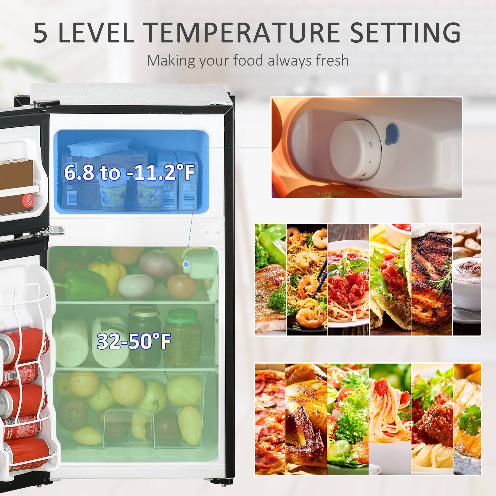 5 LEVEL TEMPERATURE SETTING  
Making your food always fresh  

6.8 to -11.2°F  

32-50°F