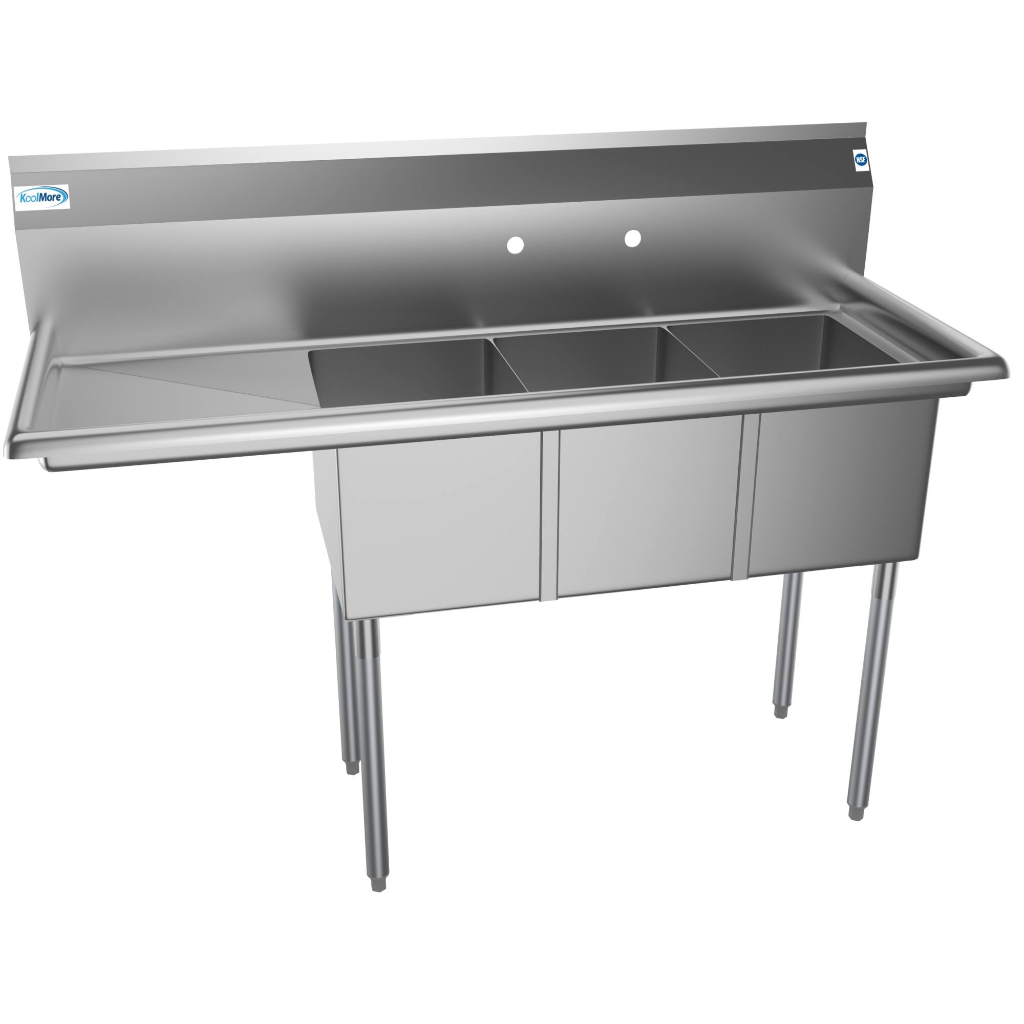 Alt View 2. Koolmore - 55 in. Three Compartment Stainless Steel  Sink with Drainboard, Bowl Size 12"x 16"x 10" SC121610-16L3. - Stainless Steel.