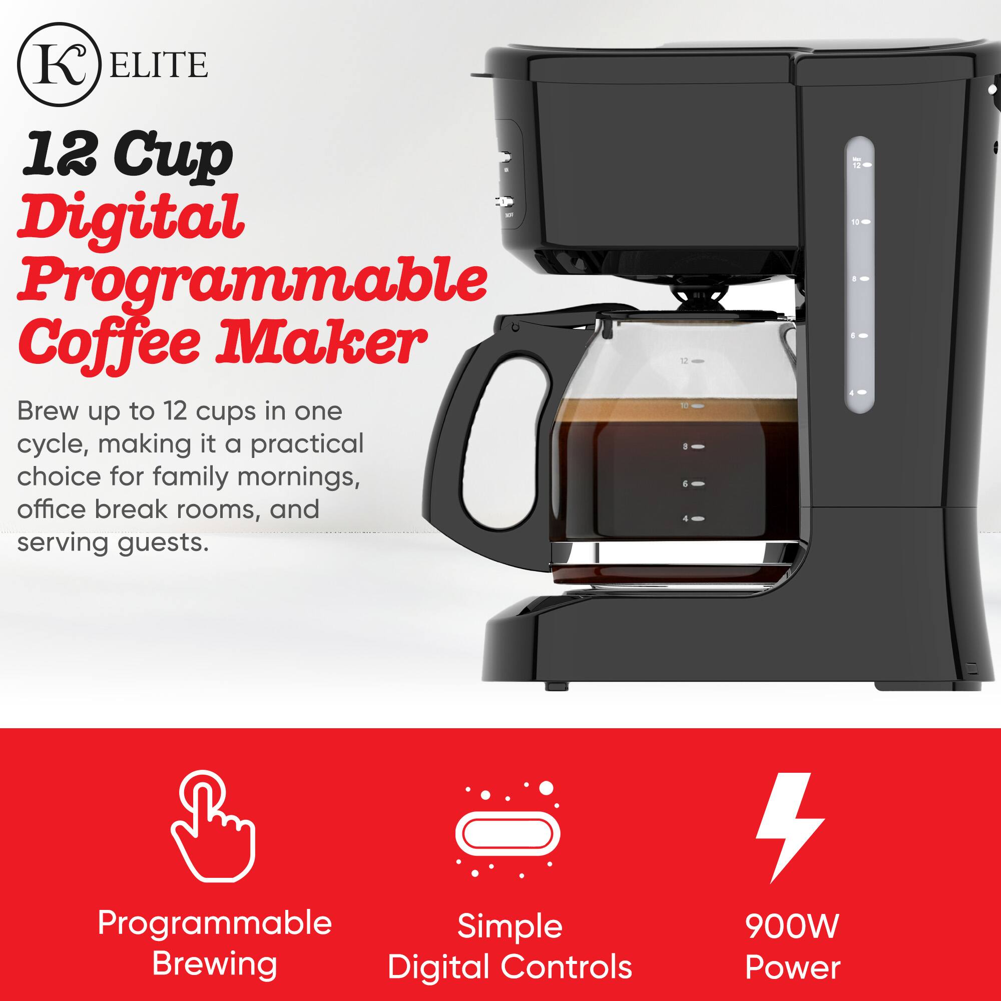 ELITE 12 Cup Digital Programmable Coffee Maker

Brew up to 12 cups in one cycle, making it a practical choice for family mornings, office break rooms, and serving guests.

Programmable Brewing
Simple Digital Controls
900W Power