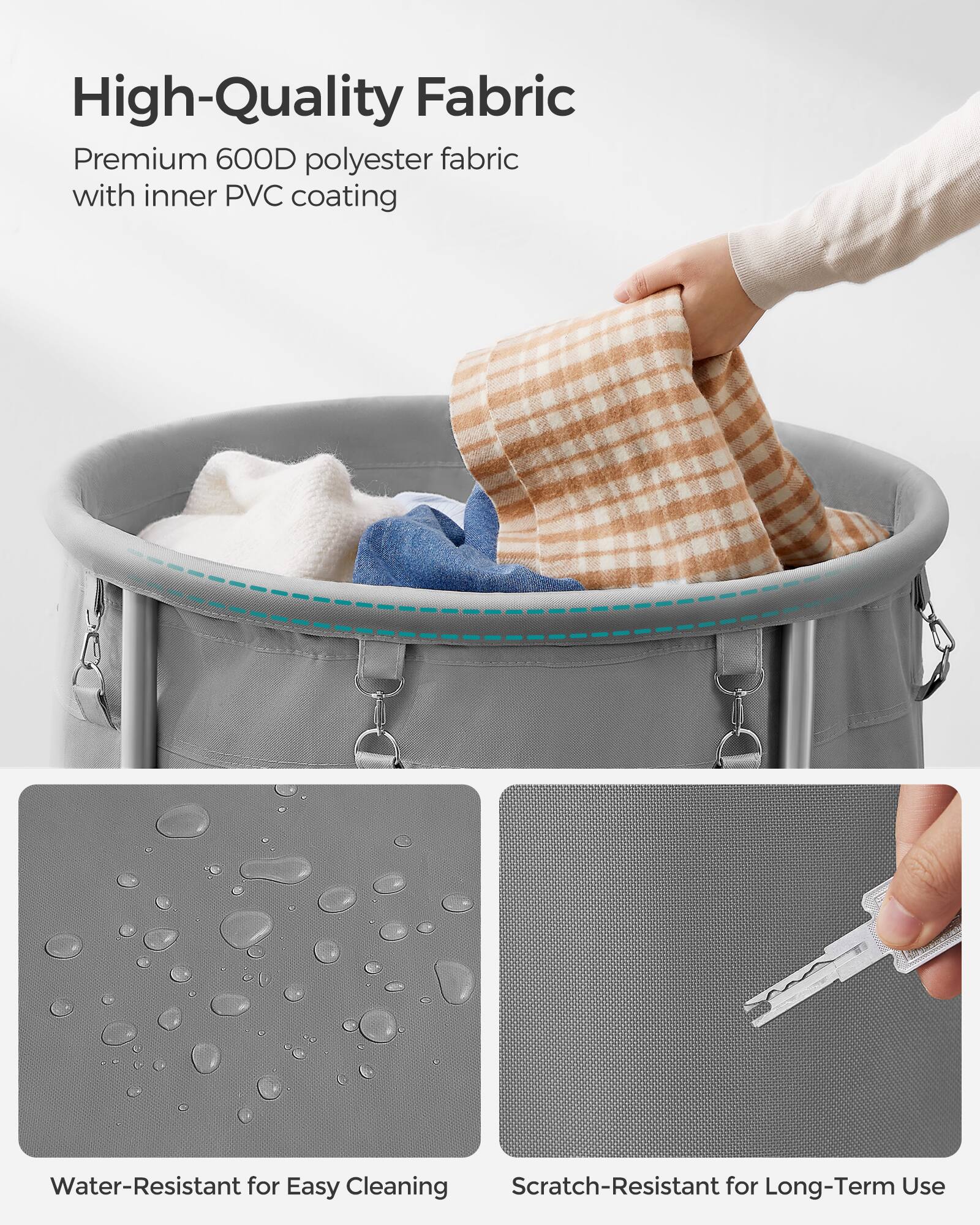 High-Quality Fabric

Premium 600D polyester fabric with inner PVC coating

Water-Resistant for Easy Cleaning

Scratch-Resistant for Long-Term Use