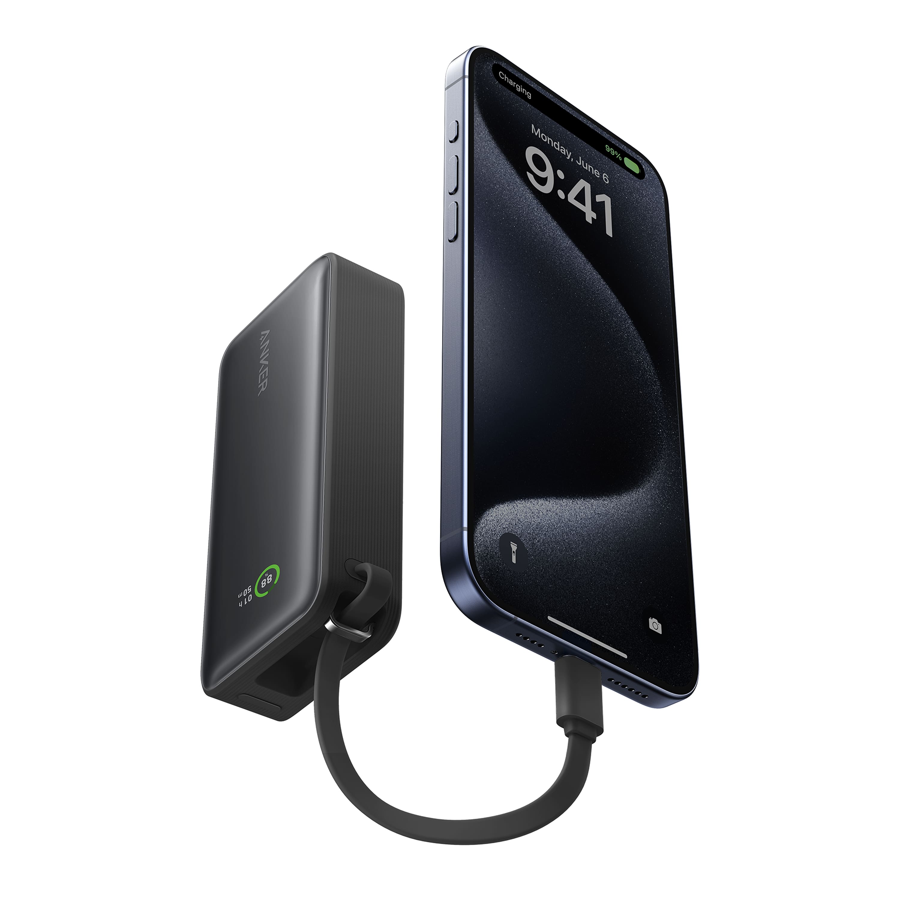 Anker - Nano Power Bank (10,000mAh, 30W) w/ Built-In USB-C Cable - Black - Front_Zoom