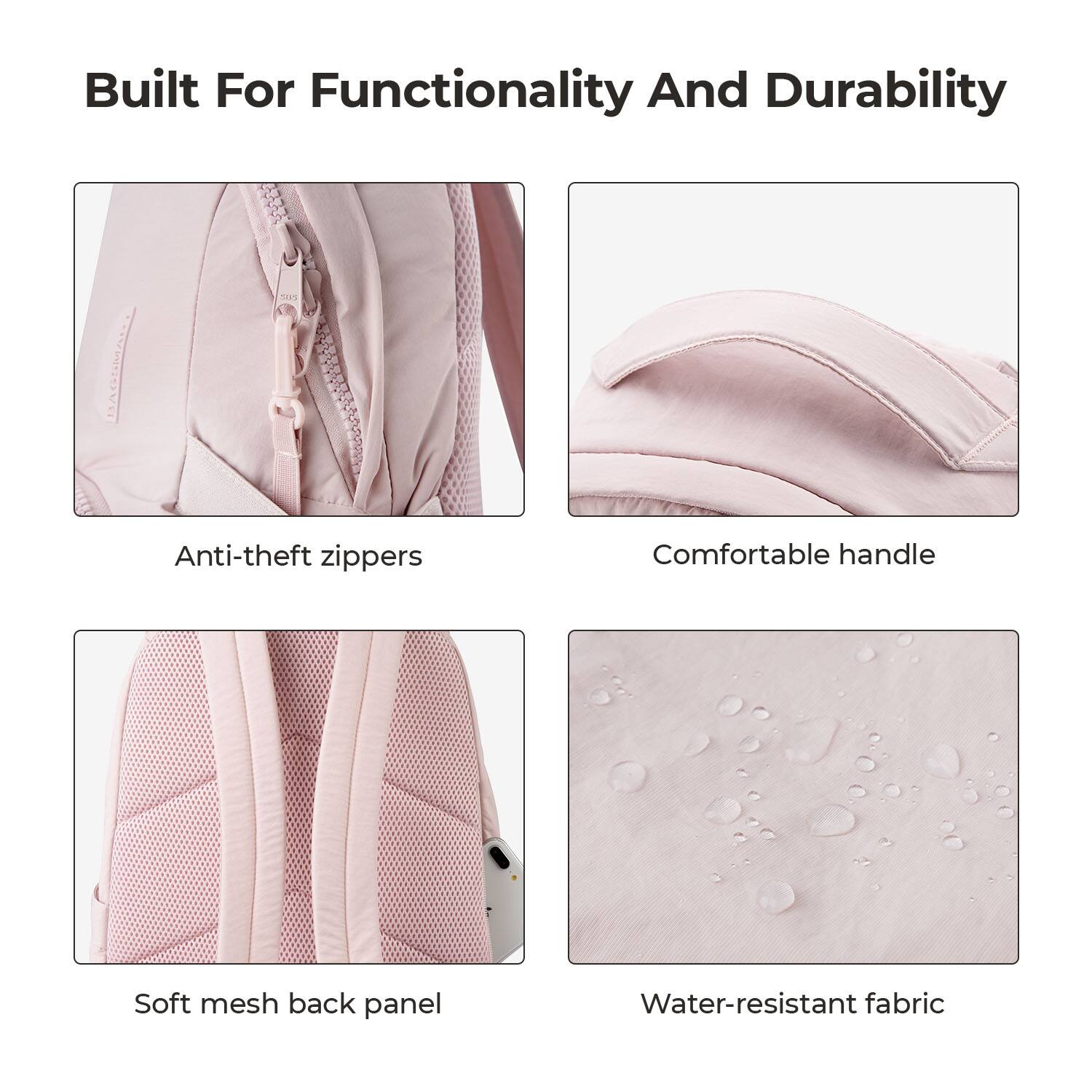 Built For Functionality And Durability

- Anti-theft zippers
- Comfortable handle
- Soft mesh back panel
- Water-resistant fabric