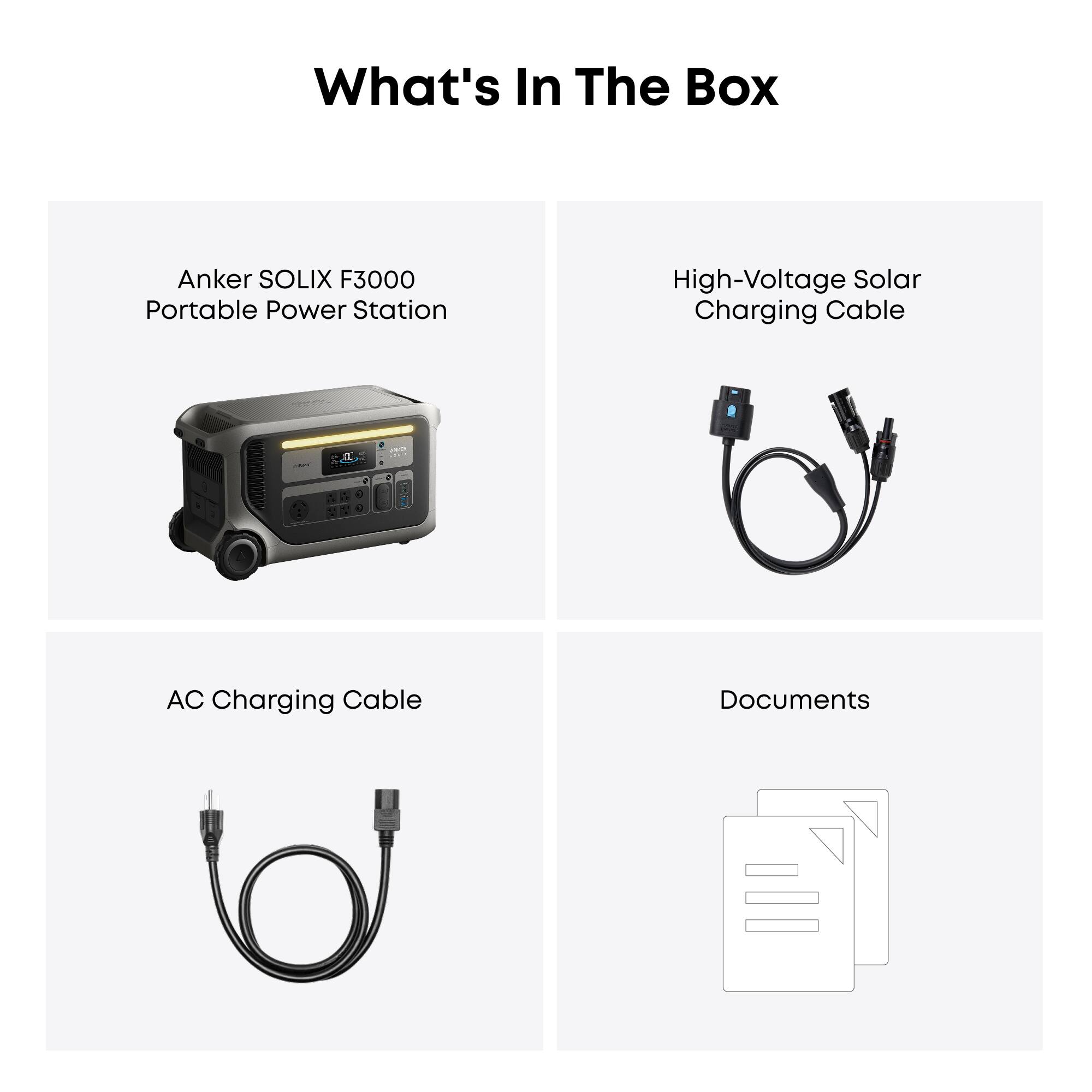 What's In The Box:

1. Anker SOLIX F3000 Portable Power Station
2. High-Voltage Solar Charging Cable
3. AC Charging Cable
4. Documents