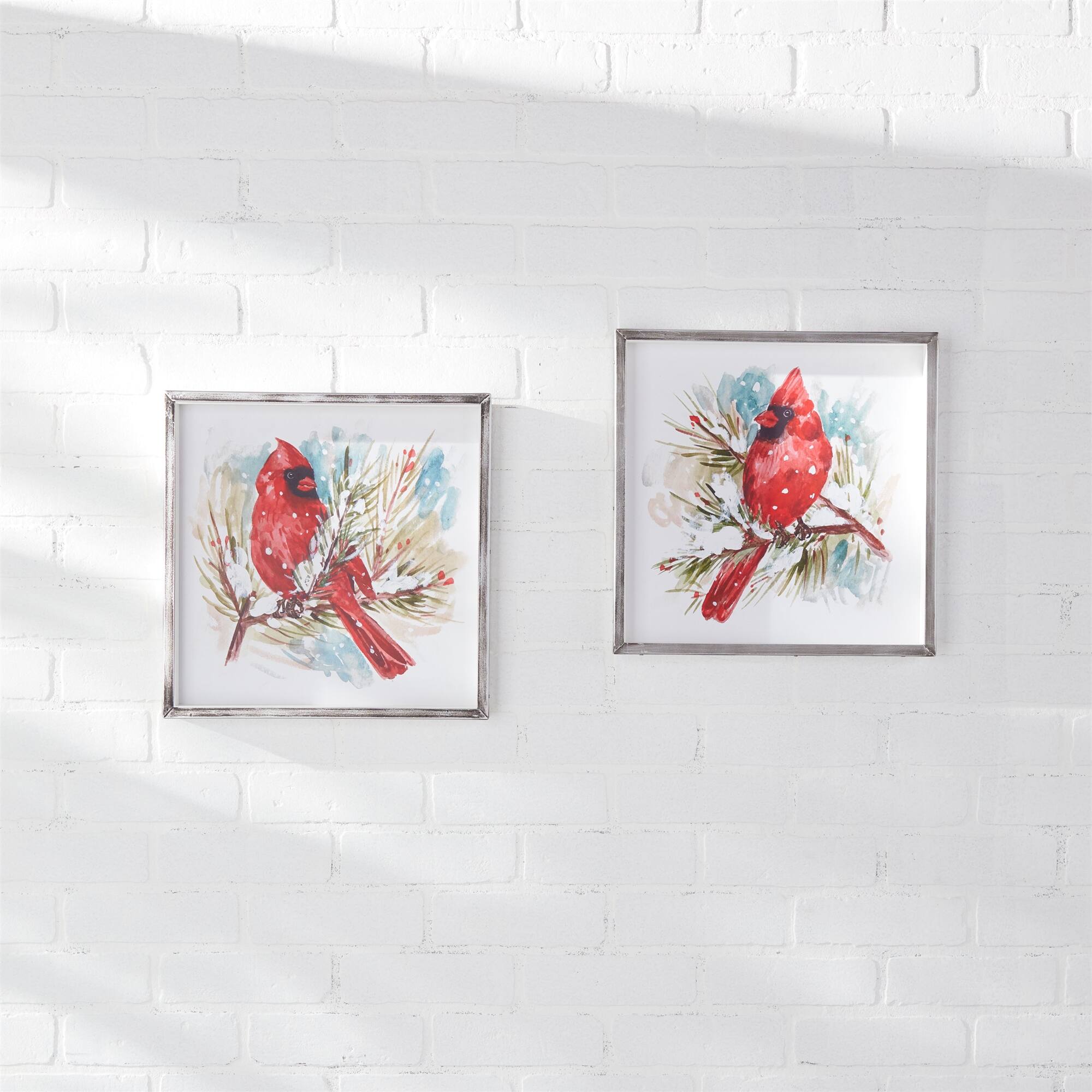 Angle. BreeBe - Winter Cardinal and Pine Branch Framed Print (Set of 2) - White, Red, Brown.