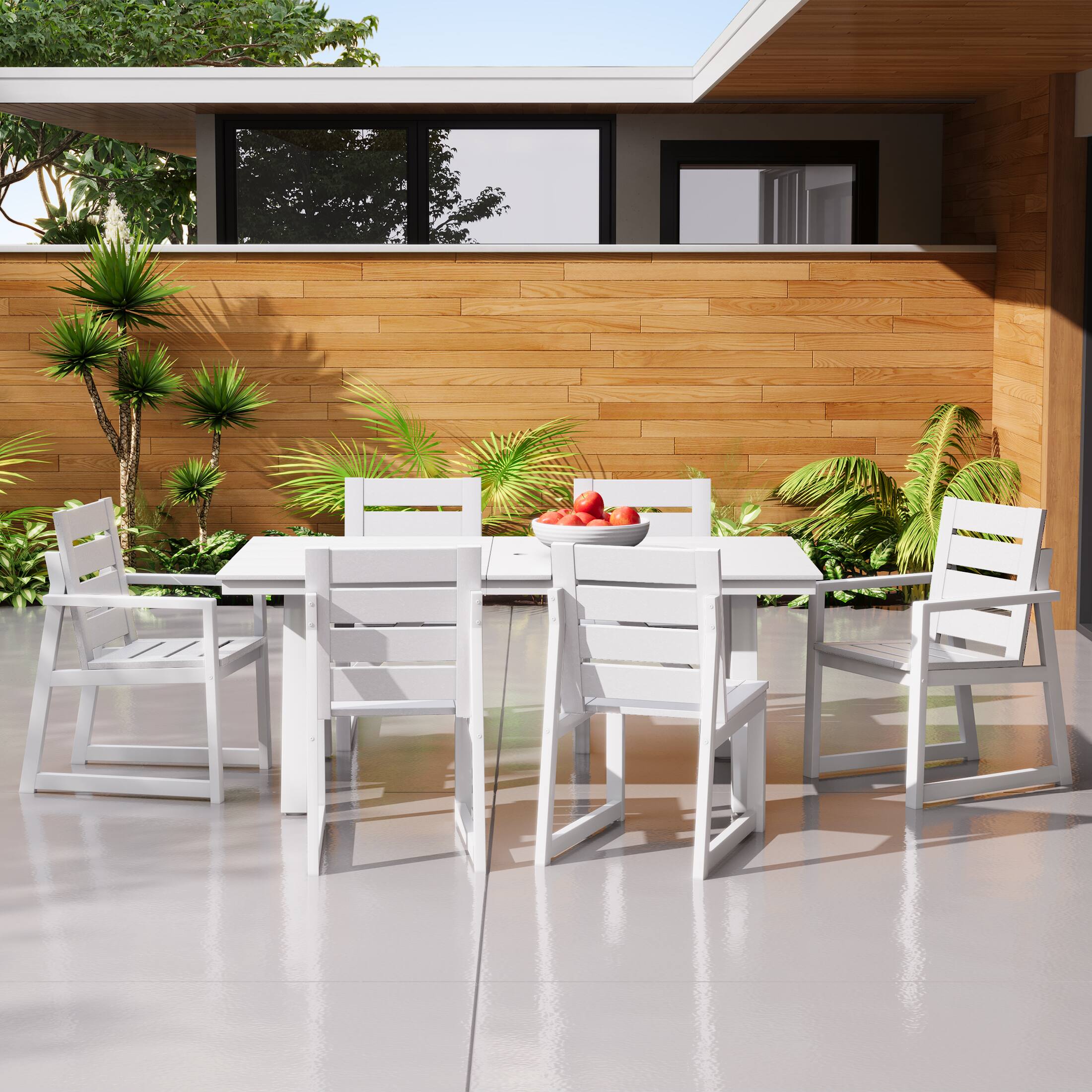 Angle. WestinTrends - WestinTrends Cape May 7-Piece HDPE Outdoor Furniture Patio Dining Table With Umbrella Hole and Chairs Set For 6 - White.