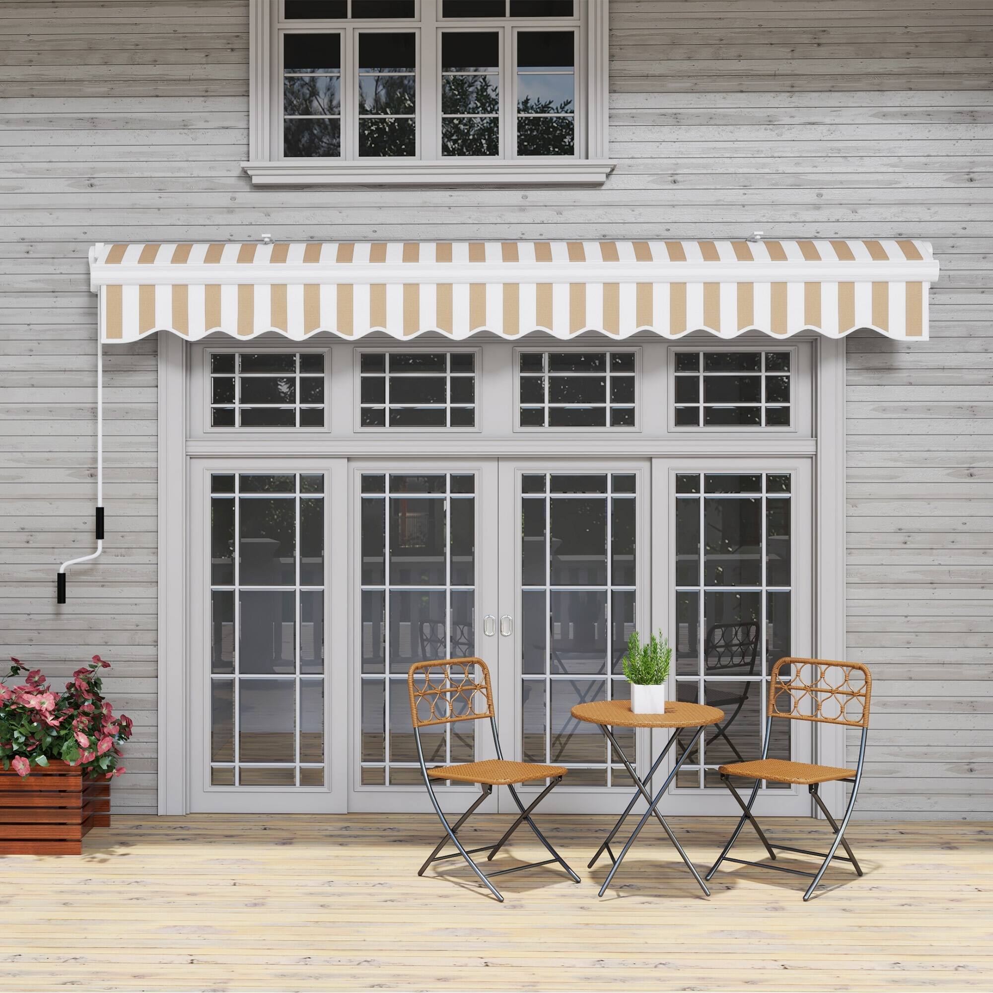 Alt View 8. Outsunny - 13' x 8' Retractable Awning, Patio Awnings, Sunshade Shelter w/ Manual Crank Handle, UV & Water-Resistant Fabric - Beige Stripes.