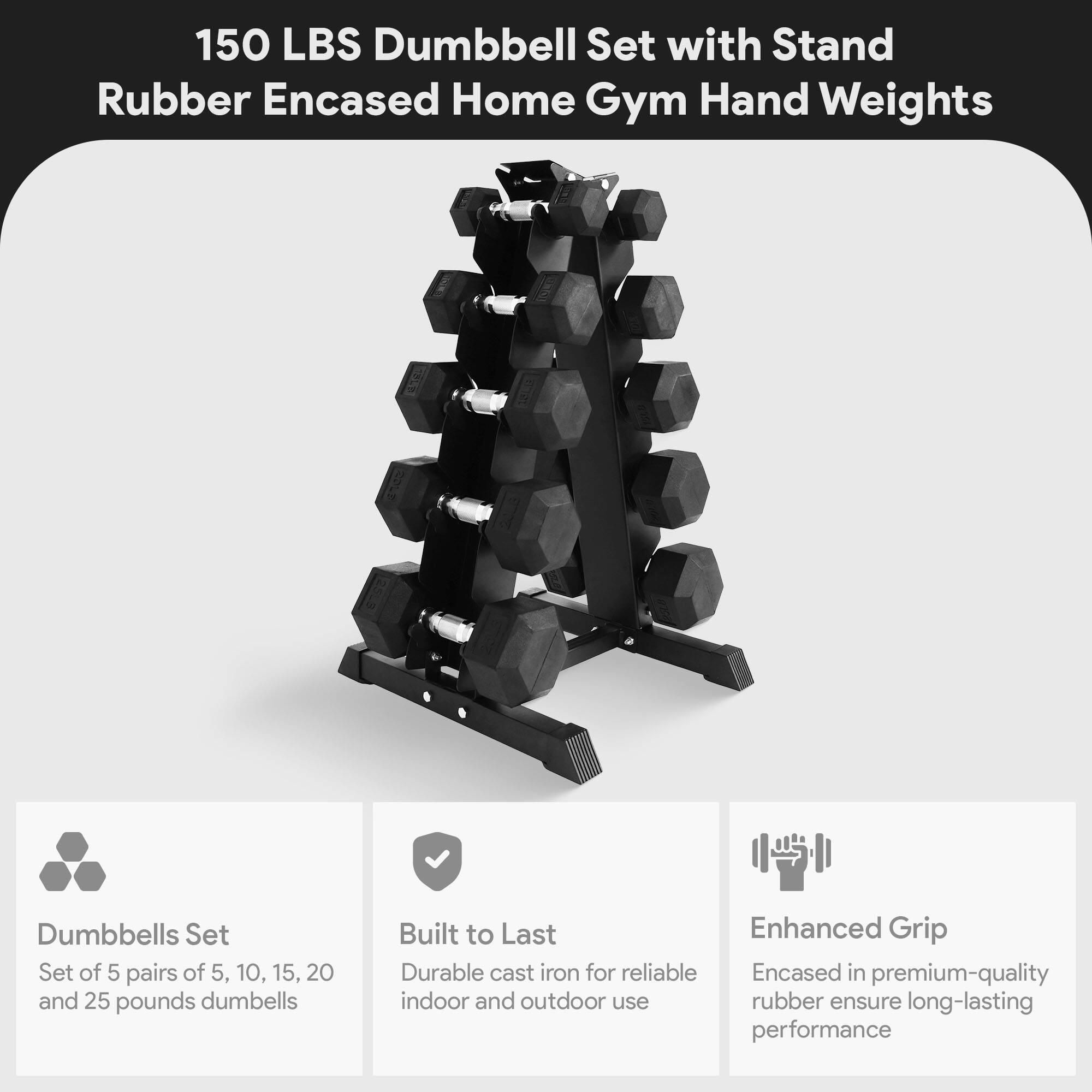 150 LBS Dumbbell Set with Stand  
Rubber Encased Home Gym Hand Weights  

Dumbbells Set  
Set of 5 pairs of 5, 10, 15, 20, and 25 pounds dumbbells  

Built to Last  
Durable cast iron for reliable indoor and outdoor use  

Enhanced Grip  
Encased in premium-quality rubber ensure long-lasting performance