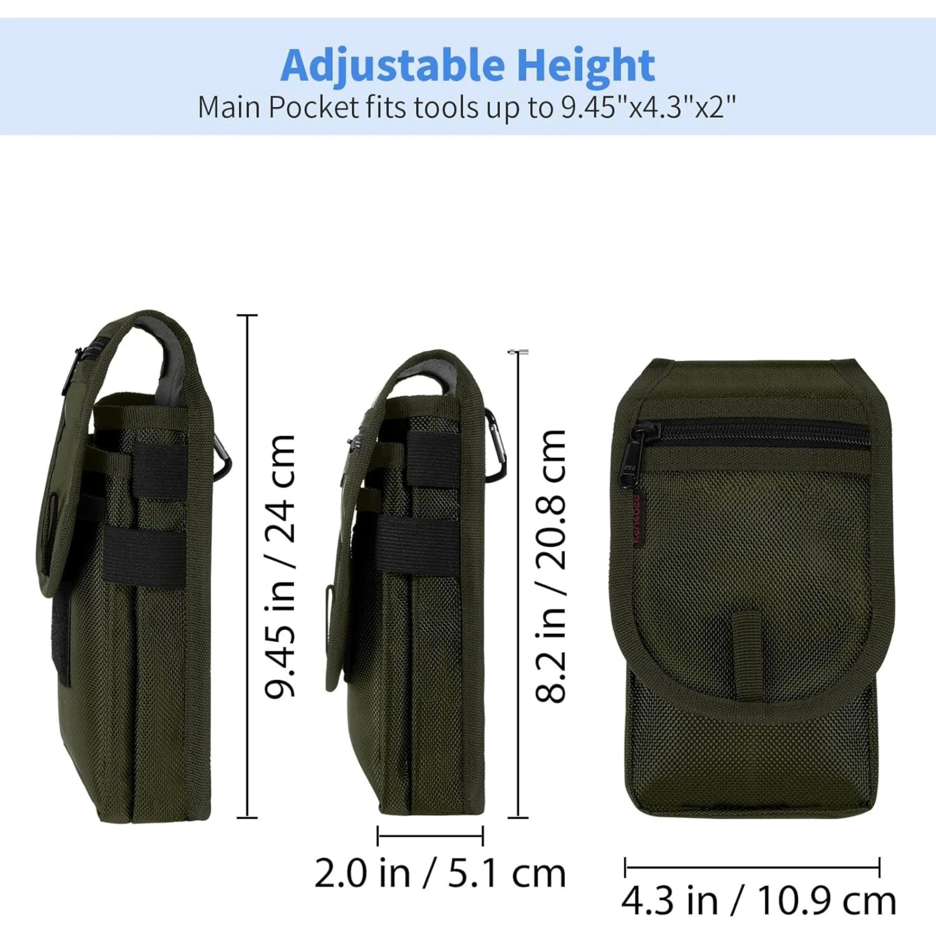 Adjustable Height  
Main Pocket fits tools up to 9.45"x4.3"x2"  
9.45 in / 24 cm  
8.2 in / 20.8 cm  
2.0 in / 5.1 cm  
4.3 in / 10.9 cm