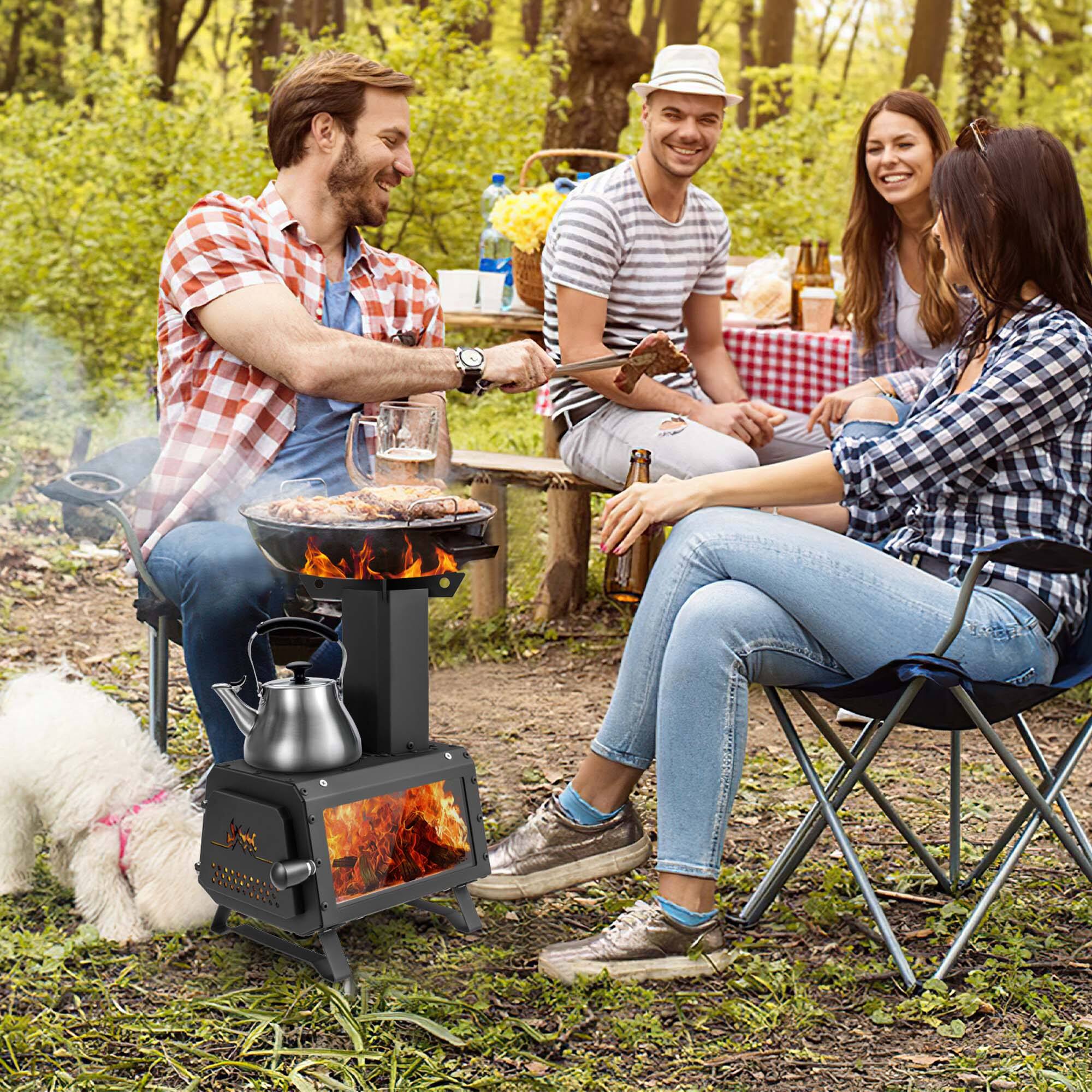 Alt View 11. Costway - Portable Wood Burning Stove Wood Camping Stove Heater with 2 Cooking Positions - Black.
