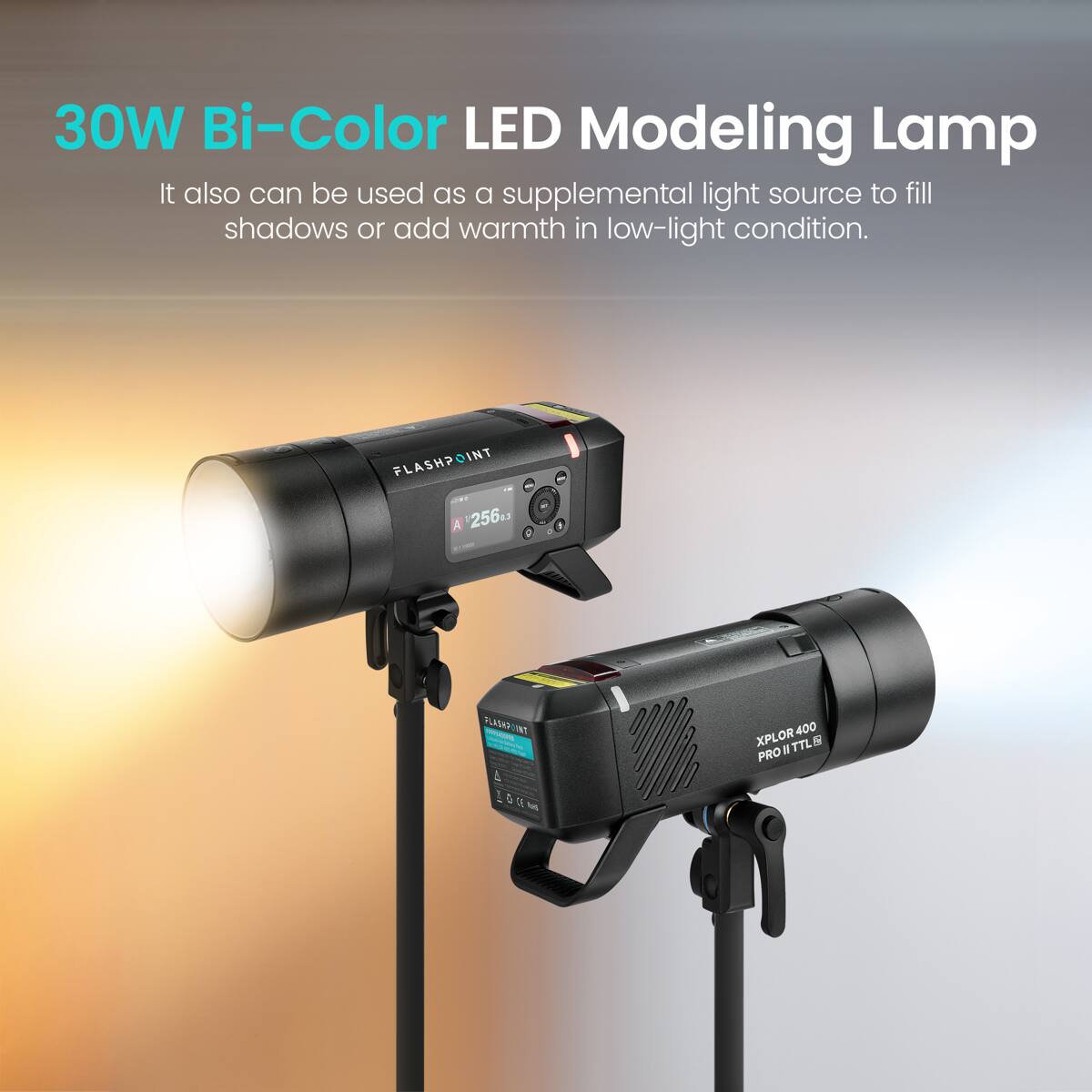 30W Bi-Color LED Modeling Lamp  
It also can be used as a supplemental light source to fill shadows or add warmth in low-light condition.  

FLASHPOINT: A 256  
XPLOR 400 PRO ITTL