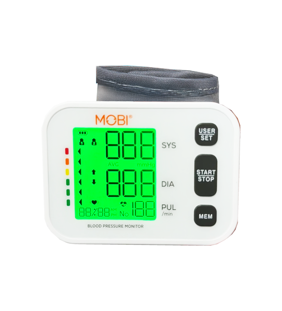 MOBI 1 2 008 SYS AVO mmHg DIA AN 100 PUL 88/88 PN No /min BLOOD PRESSURE MONITOR USER SET START STOP MEM