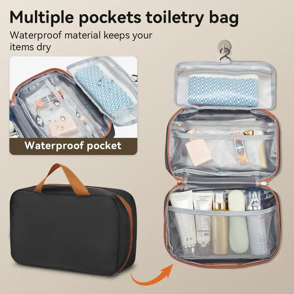Multiple pockets toiletry bag  
Waterproof material keeps your items dry  
Waterproof pocket