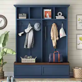 Whisen - 4-in-1 Hall Tree,Entryway Storage Organizer with Bench,2 Large Drawer,Coat Rack and Shoe Storage - Blue