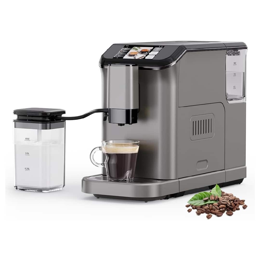 Babevy - 20 Bar Automatic Espresso Machine w/ Grinder, 6 Recipes, Auto Self-Cleaning - Gray
