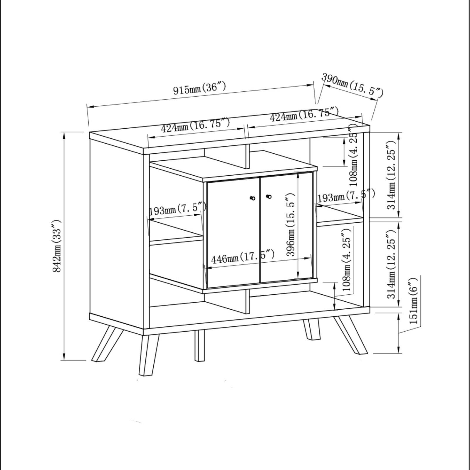 Here is the corrected and grouped text from the image:

- 842mm (33")
- 915mm (36")
- 424mm (16.75")
- 390mm (15.5")
- 193mm (7.5")
- 446mm (17.5")
- 314mm (12.25")
- 108mm (4.25")
- 151mm (6")
- 336mm (13.25")
- 108mm (4.25")
- 314mm (12.25")