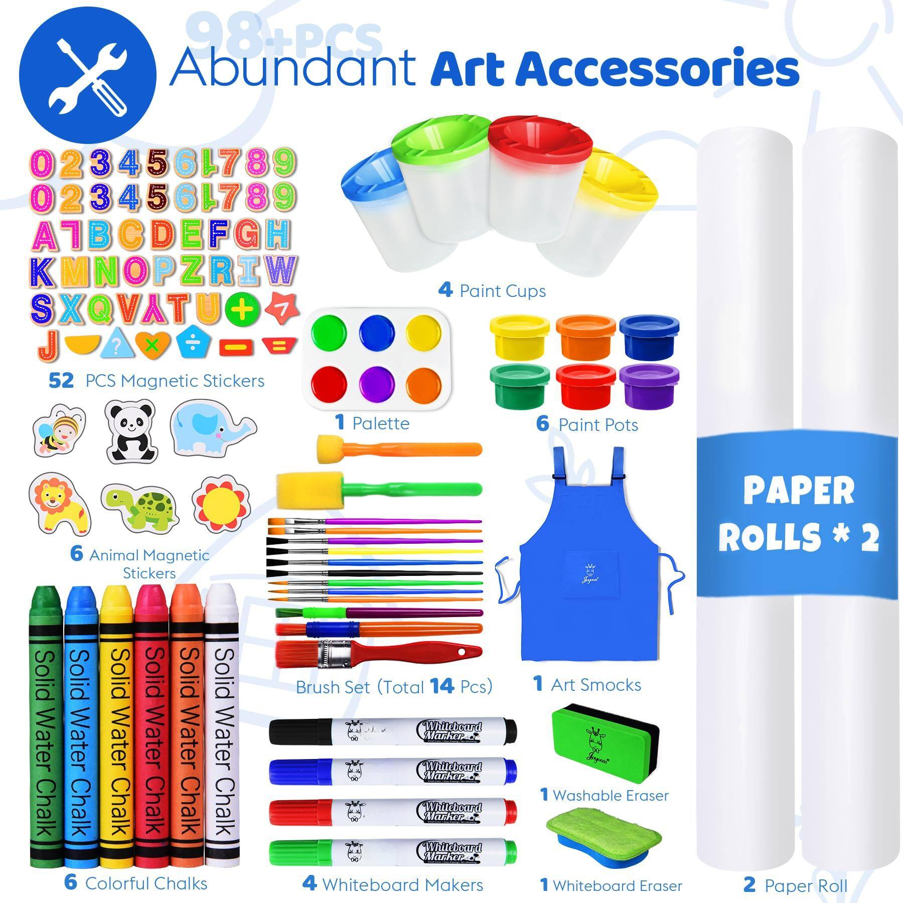 98+ PCS Abundant Art Accessories

- 52 PCS Magnetic Stickers
- 4 Paint Cups
- 1 Palette
- 6 Paint Pots
- 6 Animal Magnetic Stickers
- 6 Solid Water Chalks
- Brush Set (Total 14 Pcs)
- 1 Art Smocks
- 1 Washable Eraser
- 5 Colorful Chalks
- 4 Whiteboard Markers
- 1 Whiteboard Eraser
- 2 Paper Rolls

023456789  
023456789  
A7BCDEFGH  
KMNOPZRIW  
SXQVATU  
+  
J  
?  
X  
52 PCS Magnetic Stickers  
4 Paint Cups  
1 Palette  
6 Paint Pots  
6 Animal Magnetic Stickers  
Solid Water Chalk  
Solid Water Chalk  
Solid Water Chalk  
Solid Water Chalk  
Solid Water Chalk  
Solid Water Chalk  
Brush Set (Total 14 Pcs)  
1 Art Smocks  
1 Washable Eraser  
5 Colorful Chalks  
4 Whiteboard Markers  
1 Whiteboard Eraser  
2