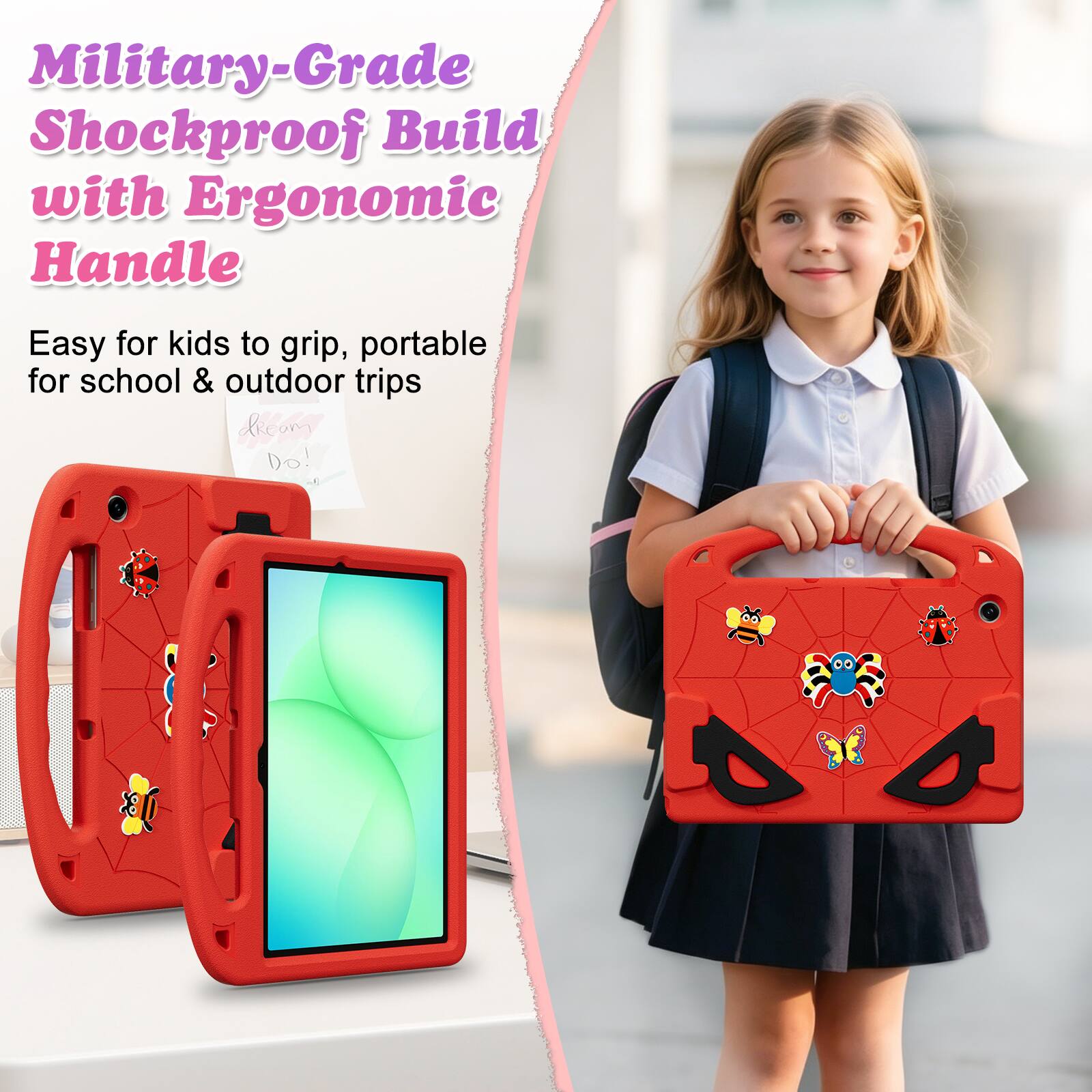 Military-Grade Shockproof Build with Ergonomic Handle  
Easy for kids to grip, portable for school & outdoor trips