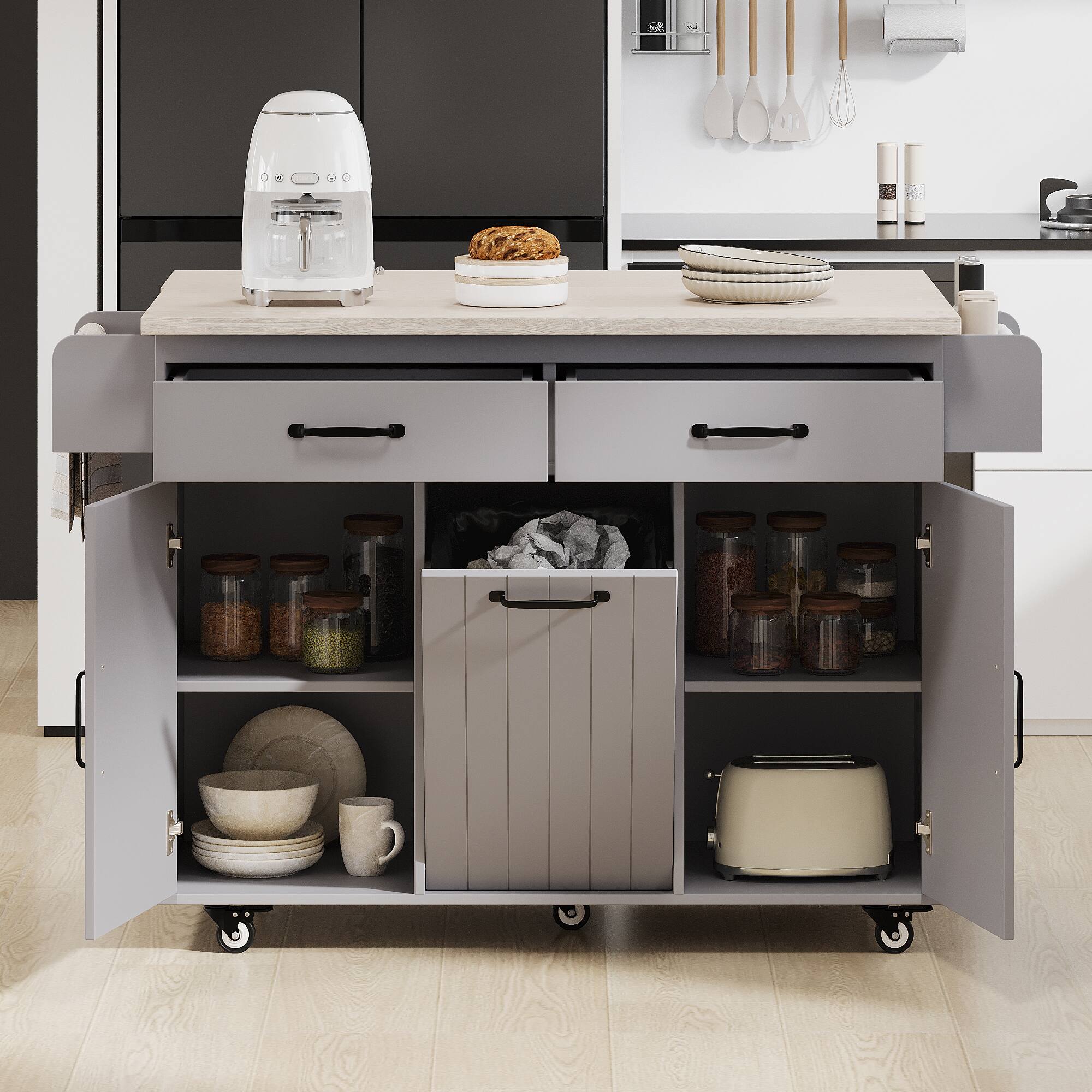 Angle. GOODSILO - Kitchen Island with Trash Can, Drop Leaf, Spice & Towel Racks, Drawer, Rolling Cart with Adjustable Shelf - Grey.