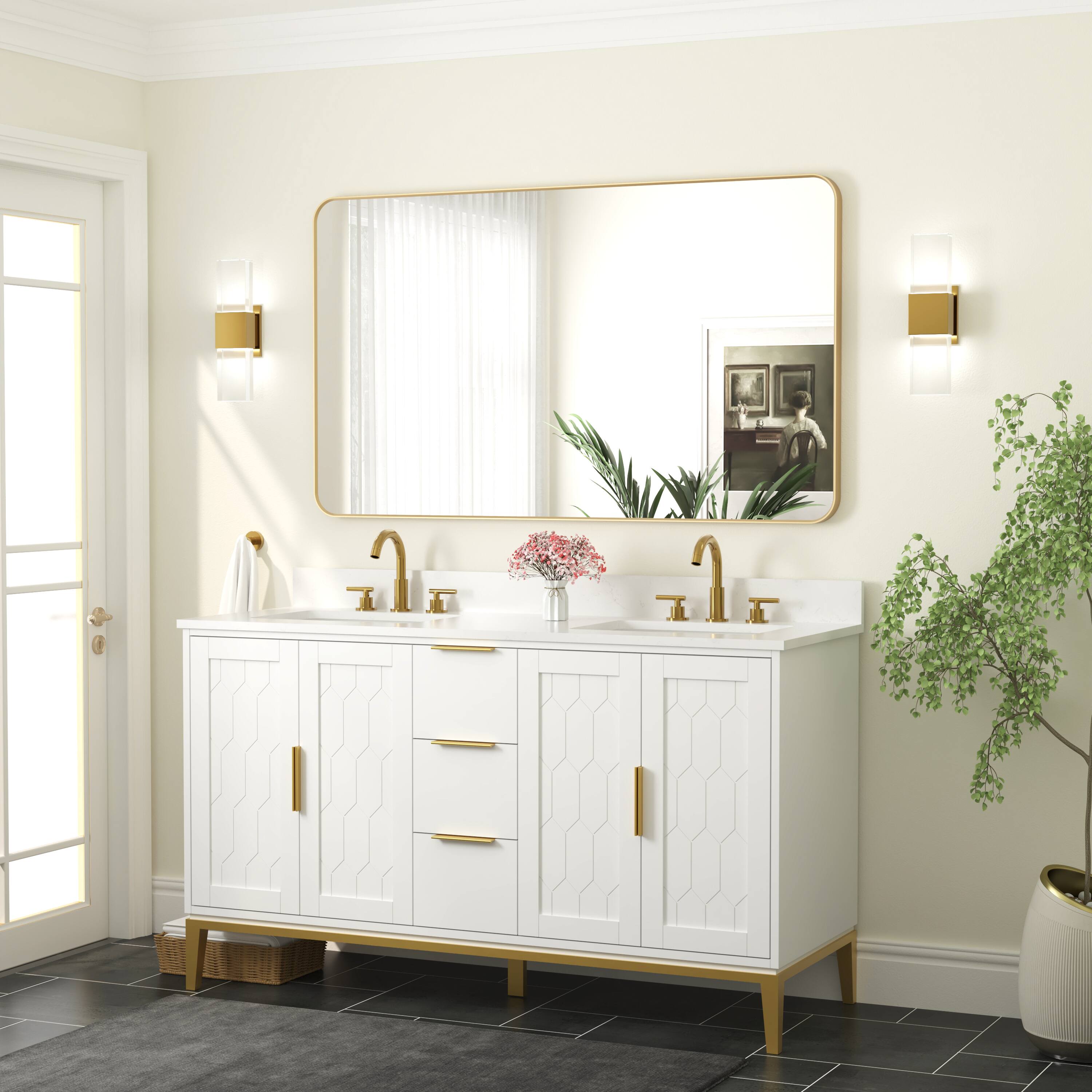 Alt View 1. WELLFOR - 55 in. W x 32 in. H Rectangular Aluminum Framed Wall Bathroom Vanity Mirro - Brushed Gold.