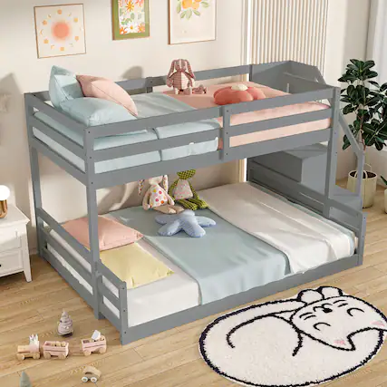 Front. Gymax - Gymax Twin Over Full Low Bunk Bed w/ Storage Stairs Full-length Guardrails - Gray.