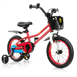 Costway - 14" Kid's Bike with Removable Training Wheels & Basket for 3-5 Years Old - Red