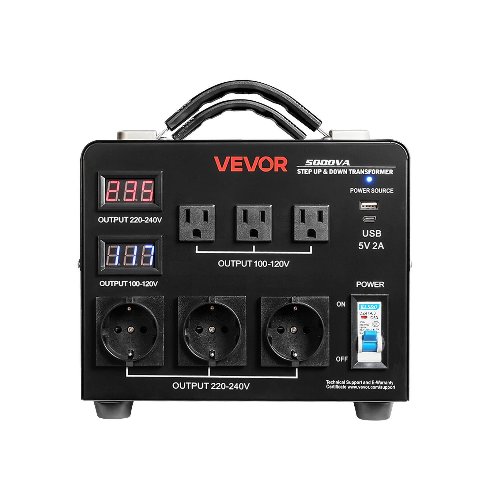 VEVOR 5000VA STEP UP & DOWN TRANSFORMER

POWER SOURCE
OUTPUT 220-240V
USB 5V 2A
OUTPUT 100-120V
OUTPUT 100-120V

POWER
ON
OFF

KLSDQ DZ47-63 C63 DE

Technical Support and E-Warranty Certificate www.vevor.com/support