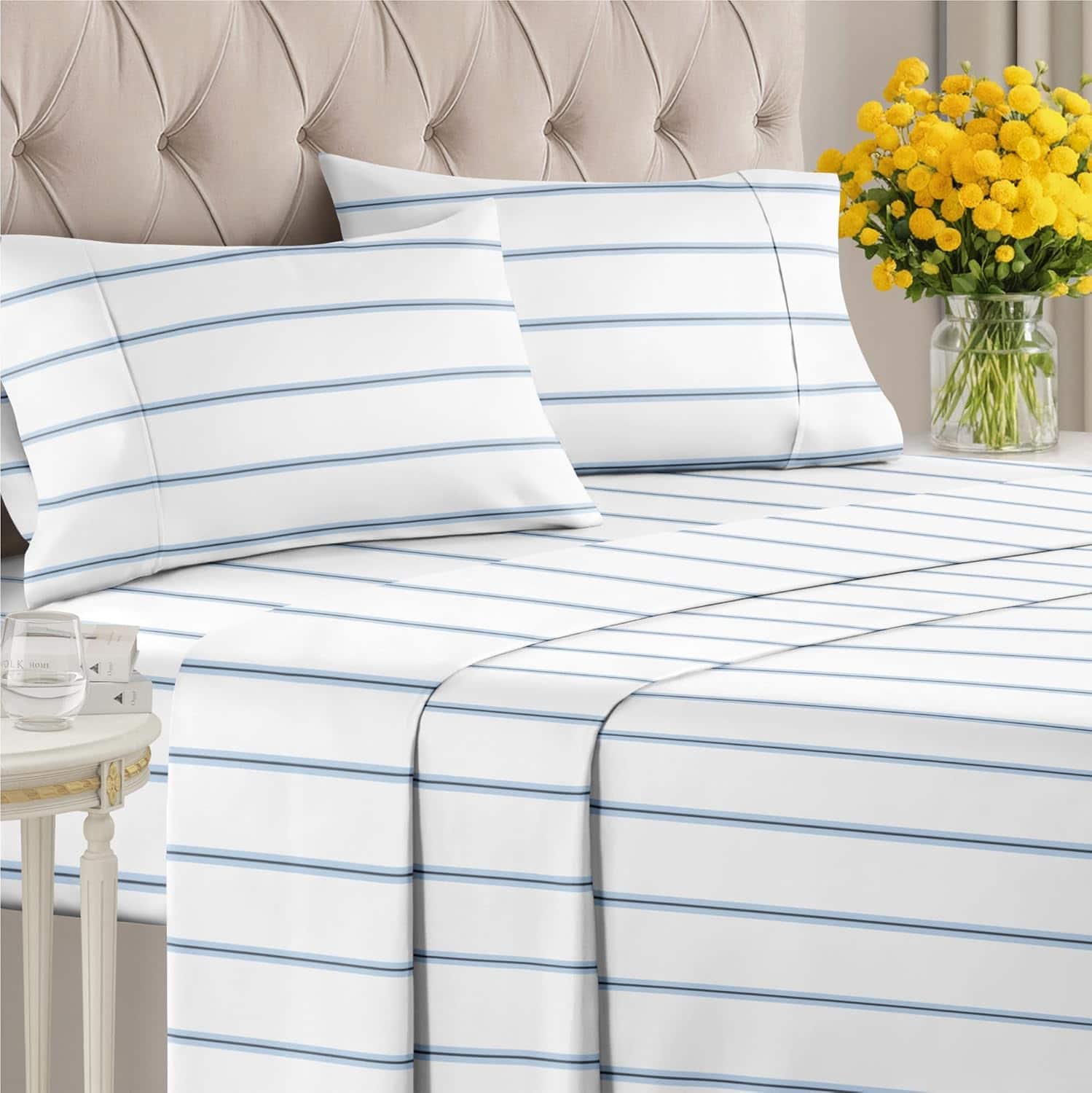 CGK Linens - Luxuriously Soft 4-Piece Striped Sheet Set - Wrinkle-Resistant, Printed Pattern - Queen - Blue Stripe