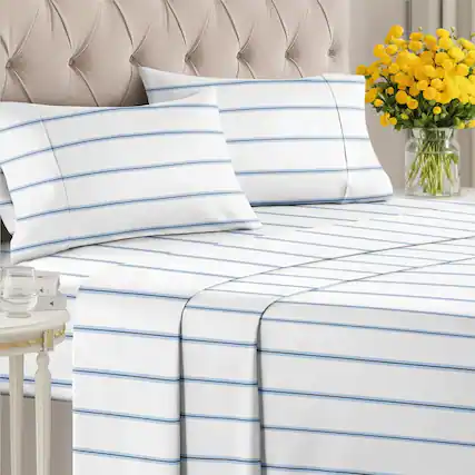 Front. CGK Linens - Luxuriously Soft 4-Piece Striped Sheet Set - Wrinkle-Resistant, Printed Pattern - Queen - Blue Stripe.