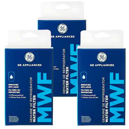 GE APPLIANCES
GENUINE GE REFRIGERATOR WATER FILTER
MWF
REMOVES 99% LEAD
FILTERS 12+ IMPURITIES
+ 6 Pharmaceuticals
+ Chlorine Taste & Odor
ca* Odor
*Pharmaceuticals tested by an independent, third-party lab certified by NSF or the State of California