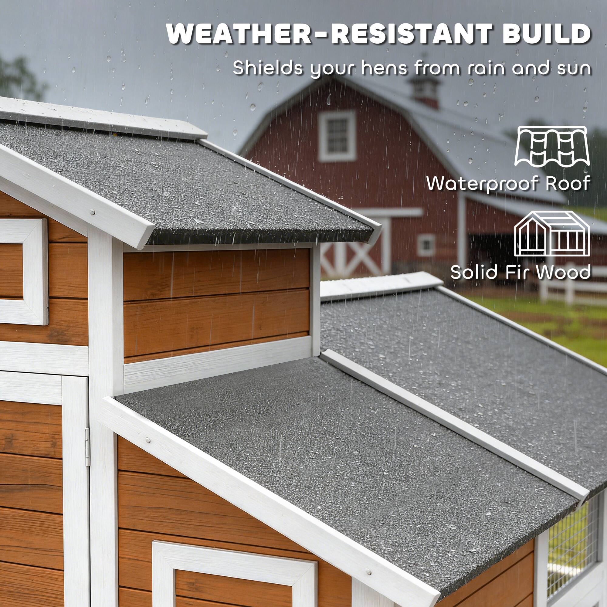 WEATHER-RESISTANT BUILD  
Shields your hens from rain and sun  
Waterproof Roof  
Solid Fir Wood