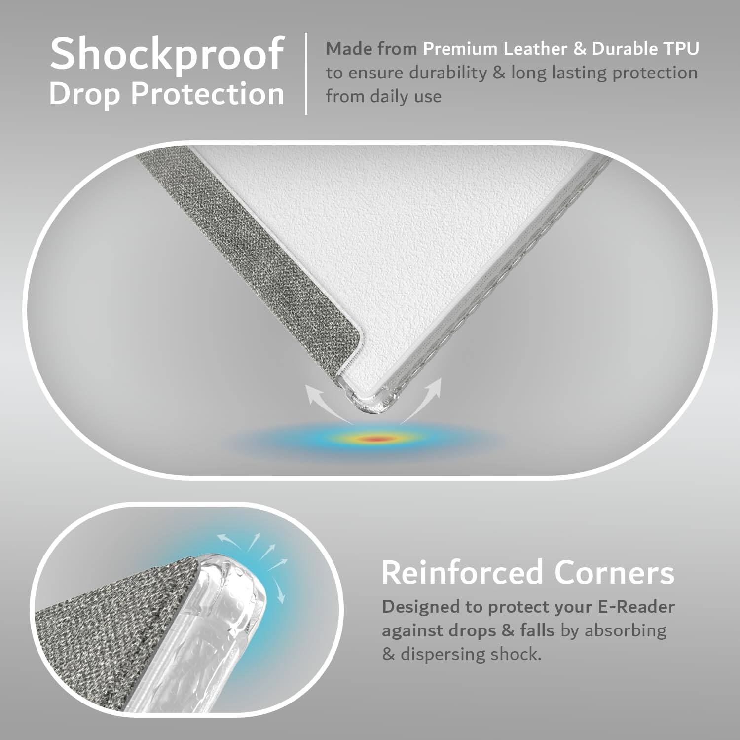 Made from Premium Leather & Durable TPU to ensure durability & long lasting protection from daily use

Shockproof Drop Protection

Reinforced Corners
Designed to protect your E-Reader against drops & falls by absorbing & dispersing shock.