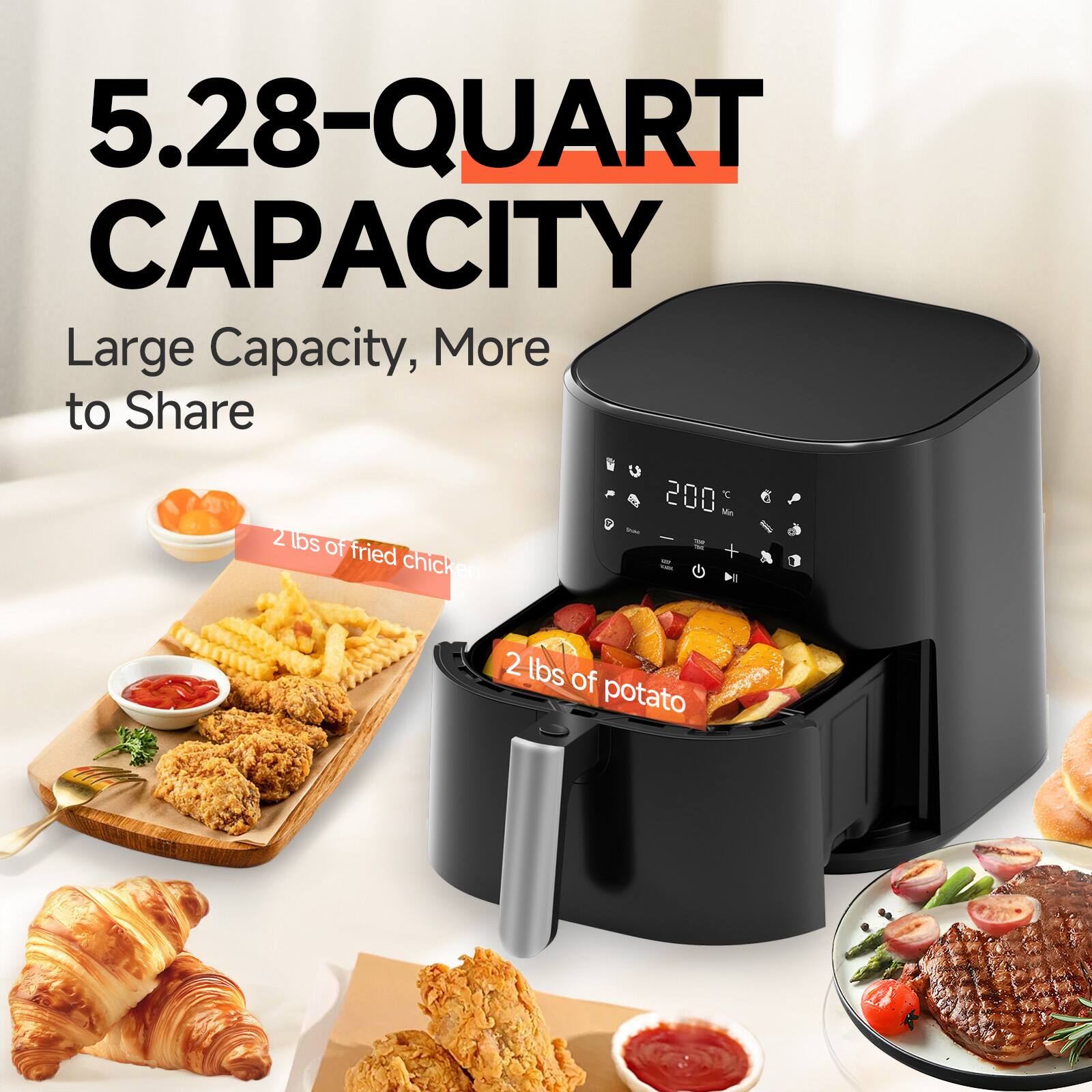 5.28-QUART CAPACITY  
Large Capacity, More to Share  

2 lbs of fried chicken  
2 lbs of potato