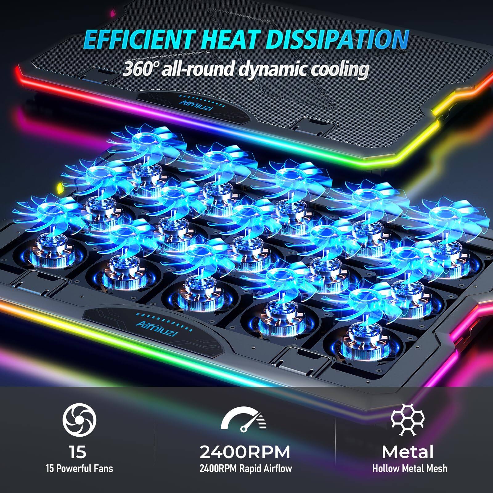 EFFICIENT HEAT DISSIPATION  
360° all-round dynamic cooling  

15 Powerful Fans  
2400RPM Rapid Airflow  
Metal Hollow Metal Mesh