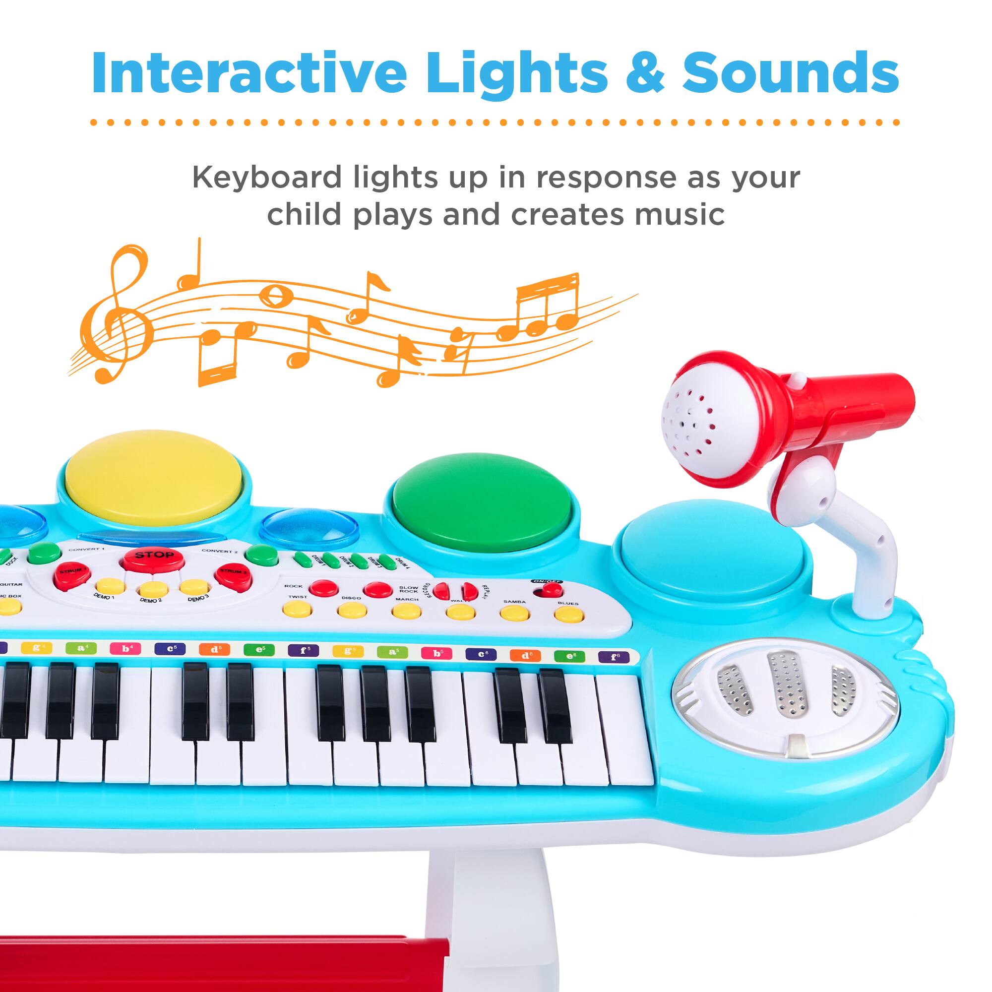 Interactive Lights & Sounds

Keyboard lights up in response as your child plays and creates music