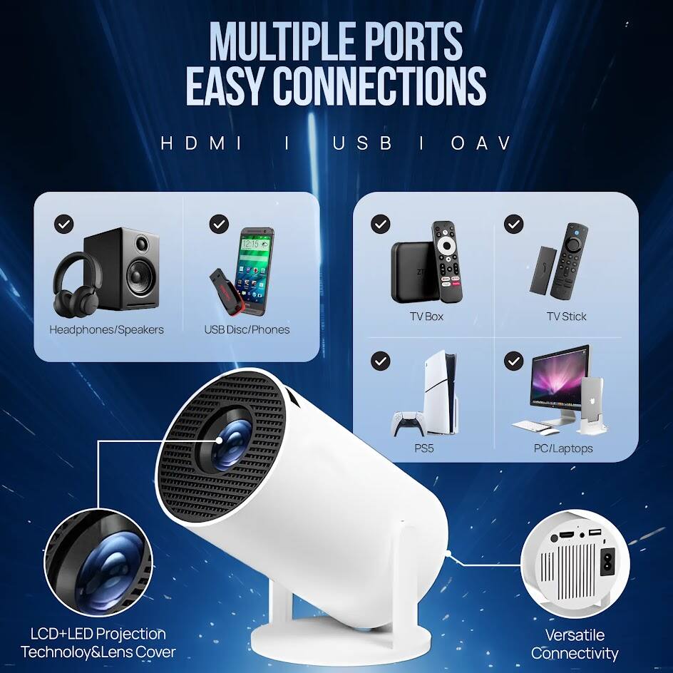MULTIPLE PORTS  
EASY CONNECTIONS  

HDMI | USB | OAV  

- Headphones/Speakers  
- USB Disc/Phones  
- TV Box  
- TV Stick  
- PS5  
- PC/Laptops  

LCD+LED Projection Technology & Lens Cover  

Versatile Connectivity