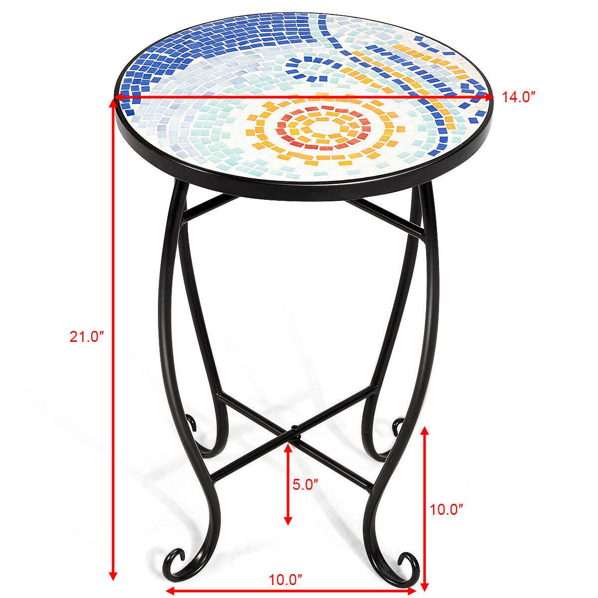 The text on the image reads: "14.0" 21.0" 5.0" 10.0" 10.0". This suggests that the table is 14.0 inches in diameter, and the legs are 21.0 inches apart. The table is also 5.0 inches high, and the legs are 10.0 inches apart.