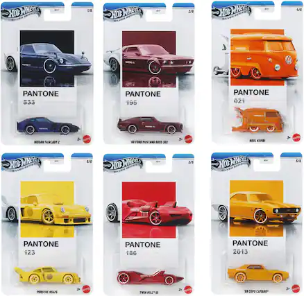 HOT WHEELS SILVER SERIES
1/6
PANTONE 533
NISSAN FAIRLADY Z
2/6
PANTONE 195
'69 FORD MUSTANG BOSS 302
3/6
PANTONE 021
KOOL KOMBI
4/6
PANTONE 123
PORSCHE 934/5
5/6
PANTONE 186
TWIN MILL
6/6
PANTONE 2013
'69 COPO CAMARO