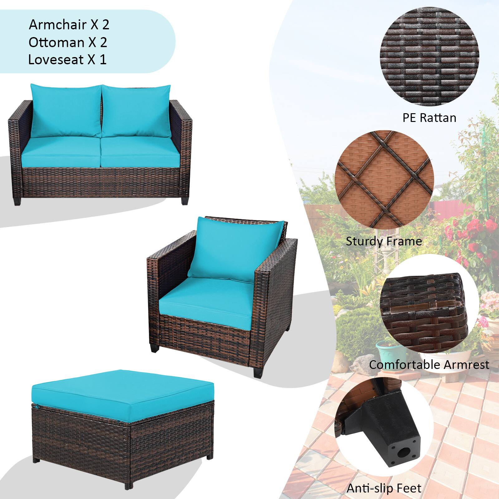 Armchair X 2  
Ottoman X 2  
Loveseat X 1  

PE Rattan  
Sturdy Frame  
Comfortable Armrest  
Anti-slip Feet